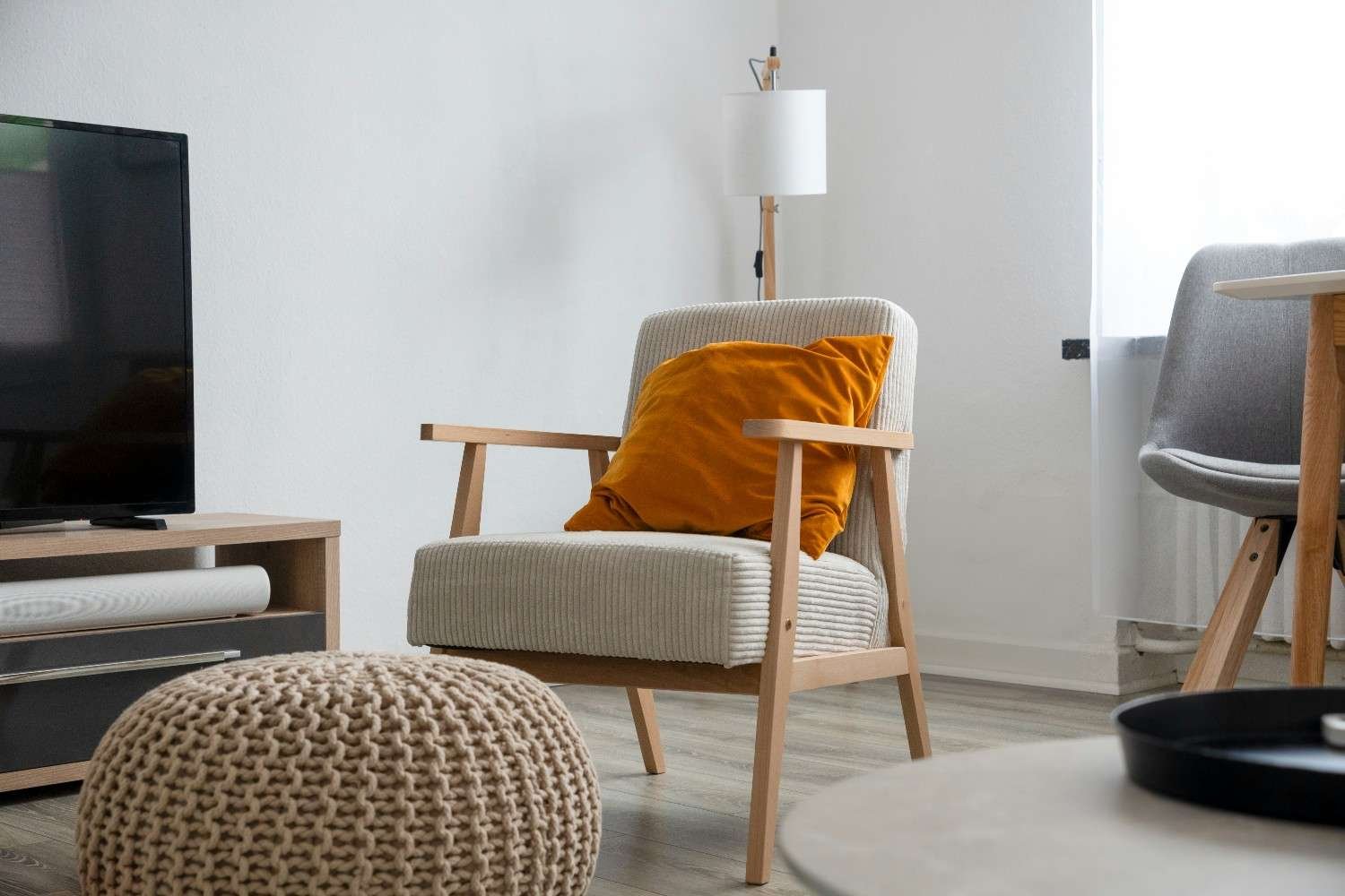 Scandi Corduroy Accent Chair with Ash Wood Frame