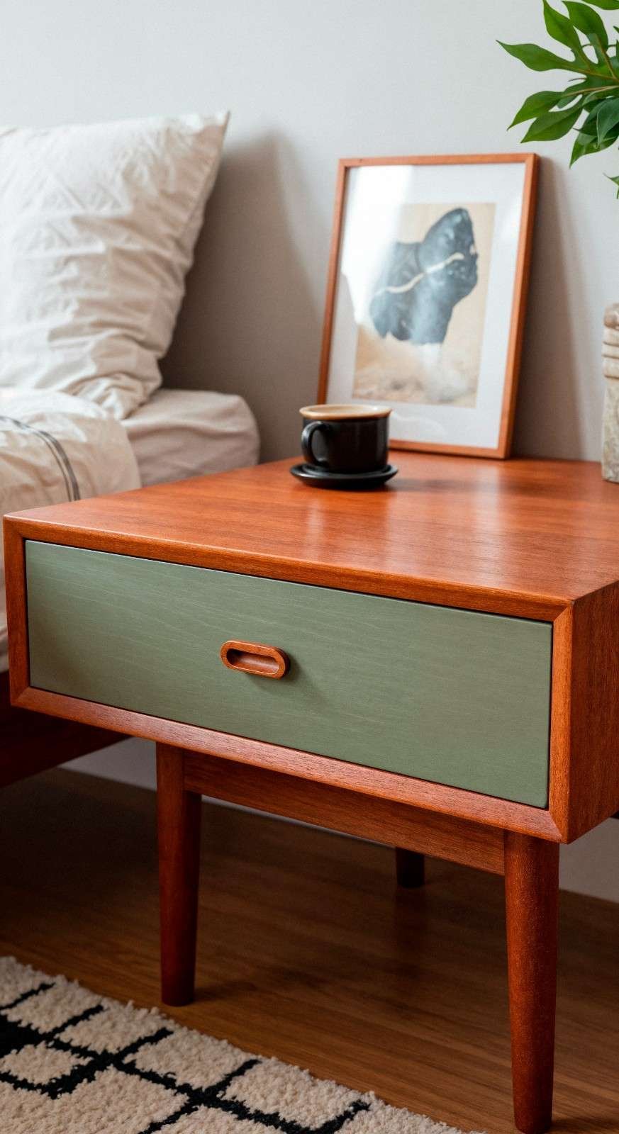 Alpine Mid-Century Bedside Table with Sage Accents