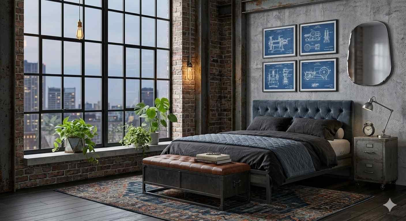 Iron & Oak Tufted Leather Industrial Bedroom Bench