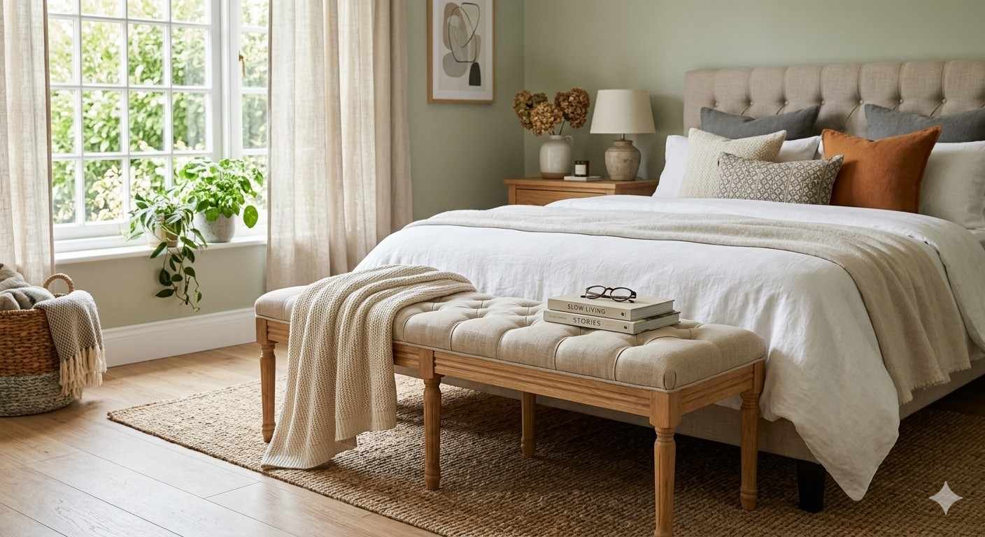 Provence Tufted Linen Bench with Turned Oak Legs
