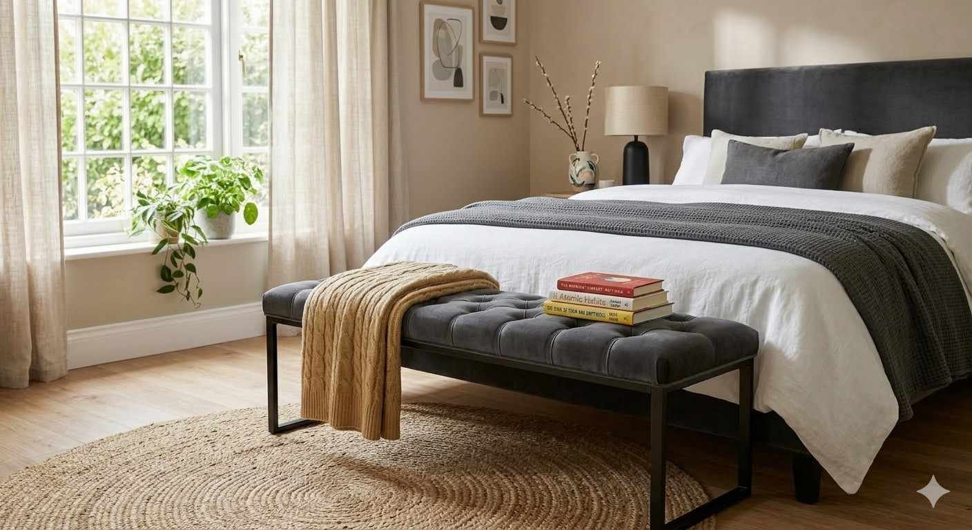 Onyx Charcoal Tufted Bench with Minimalist Steel Frame