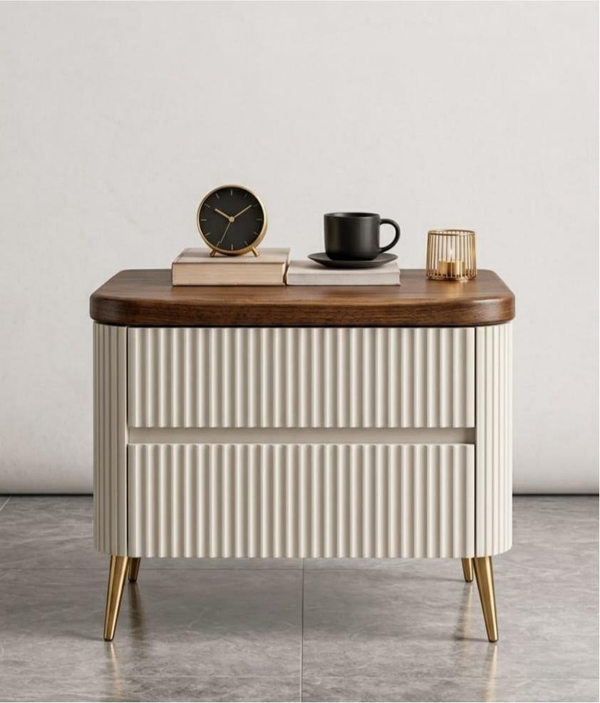 Walnut & Fluted Cream 2-Drawer Nightstand